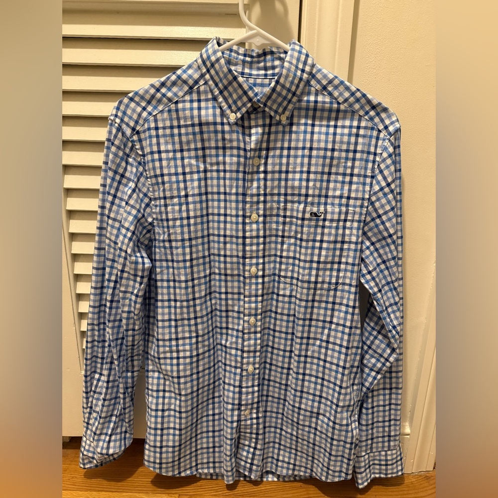 Vineyard Vines Men's Blue and White Plaid Shirt